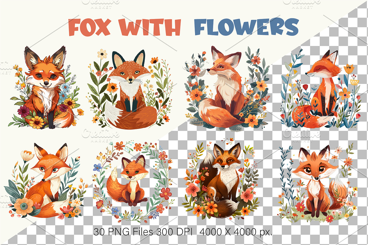 Fox with flowers. TShirt Sticker., an Animal Illustration by KENO Mascots (Photo 2 of 11)