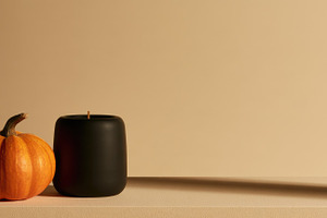 Minimal Halloween pumpkin and black candle with copy space, a Person Photo by José Manuel Gelpi