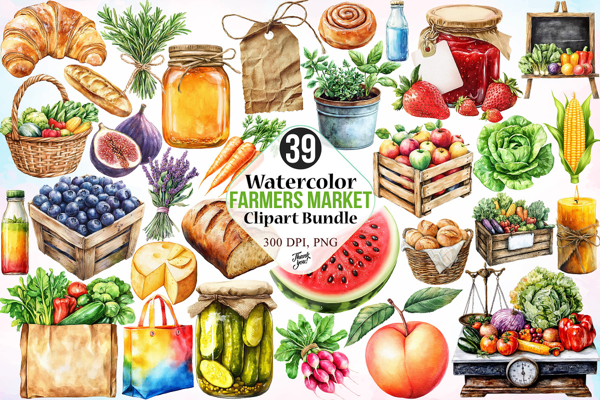 Watercolor Farmers Market Clipart, a Seasonal Illustration by Canvas Craft (Photo 1 of 5)