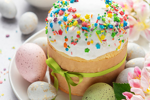 Traditional easter cake with colorful sprinkles and pastel color, a Holiday Photo by Olena Rudo