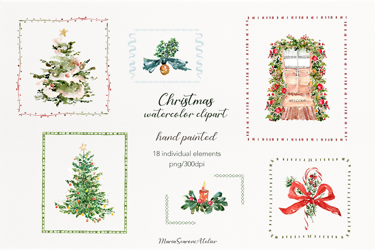 Cute Watercolor Christmas Clipart, a Seasonal Illustration by MariaScaroniAtelier (Photo 1 of 8)