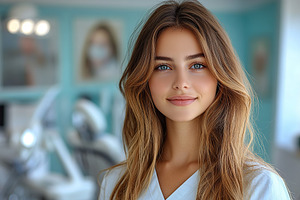 Female dentist with a friendly smile wearing a white coat in a modern dental of, a Person Photo by AlyaAnd
