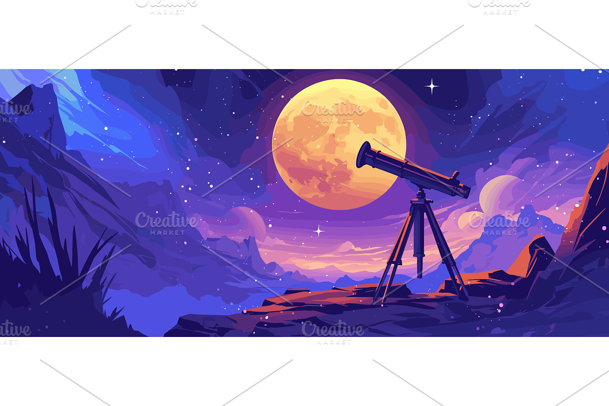 telescope on the rock. night starry, an Illustration by Stock-Smart-Start