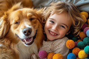 Happy girl smiles with her furry fri, an Animal Photo by Pixeness Studio