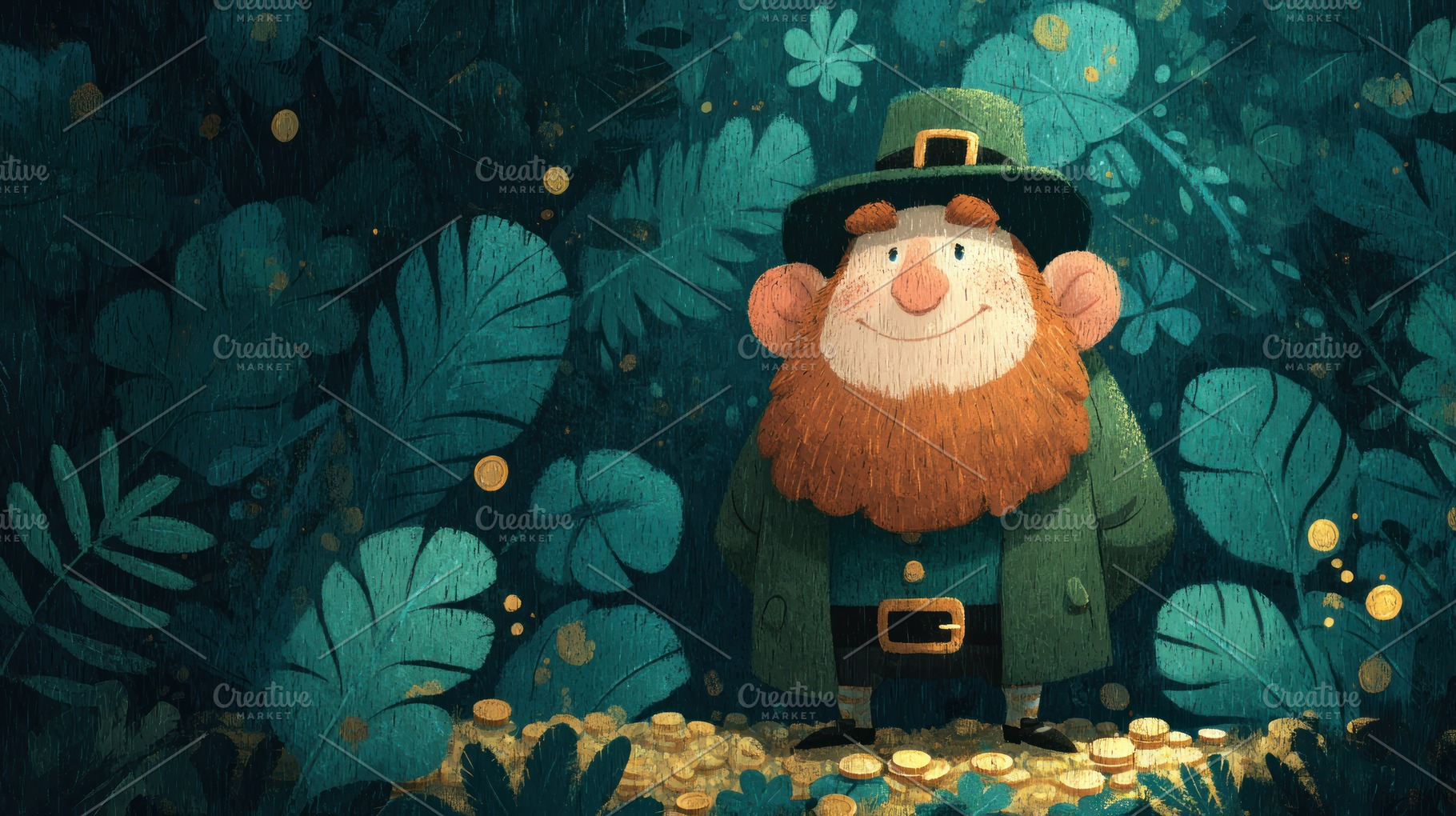 Happy leprechaun with red beard standing in forest surrounded by, a Holiday Photo by José Manuel Gelpi