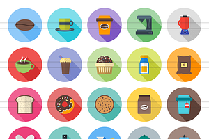 50 Coffee Shop Flat Shadowed Icons