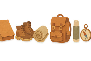 Vintage hiking gear set including ba, an Illustration by Dvoevnore photos