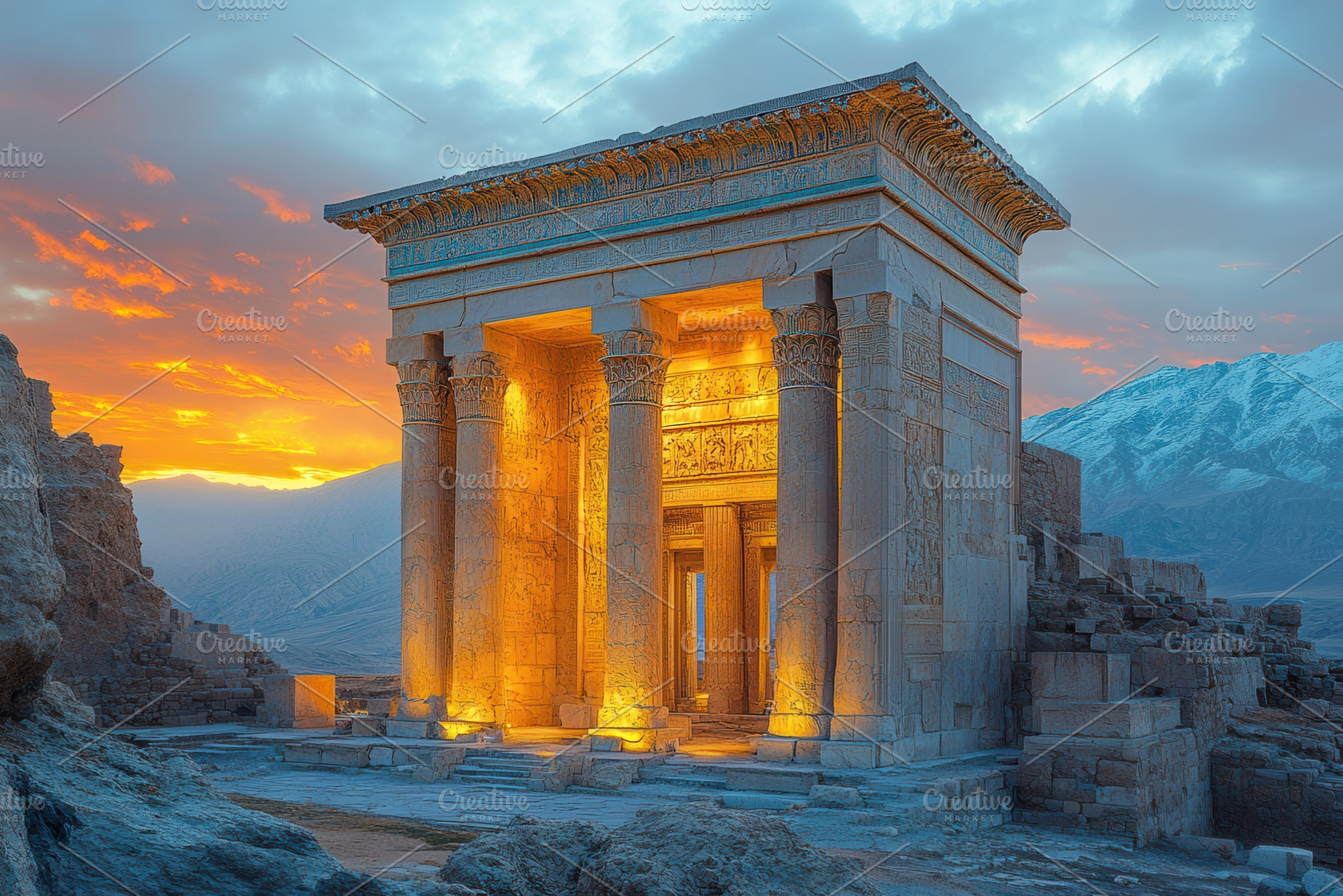 Ancient stone structure illuminated, a Photo by Tanuart
