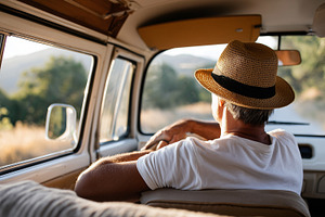 Man in a straw hat relaxing in a van, a Person Photo by MistyDay