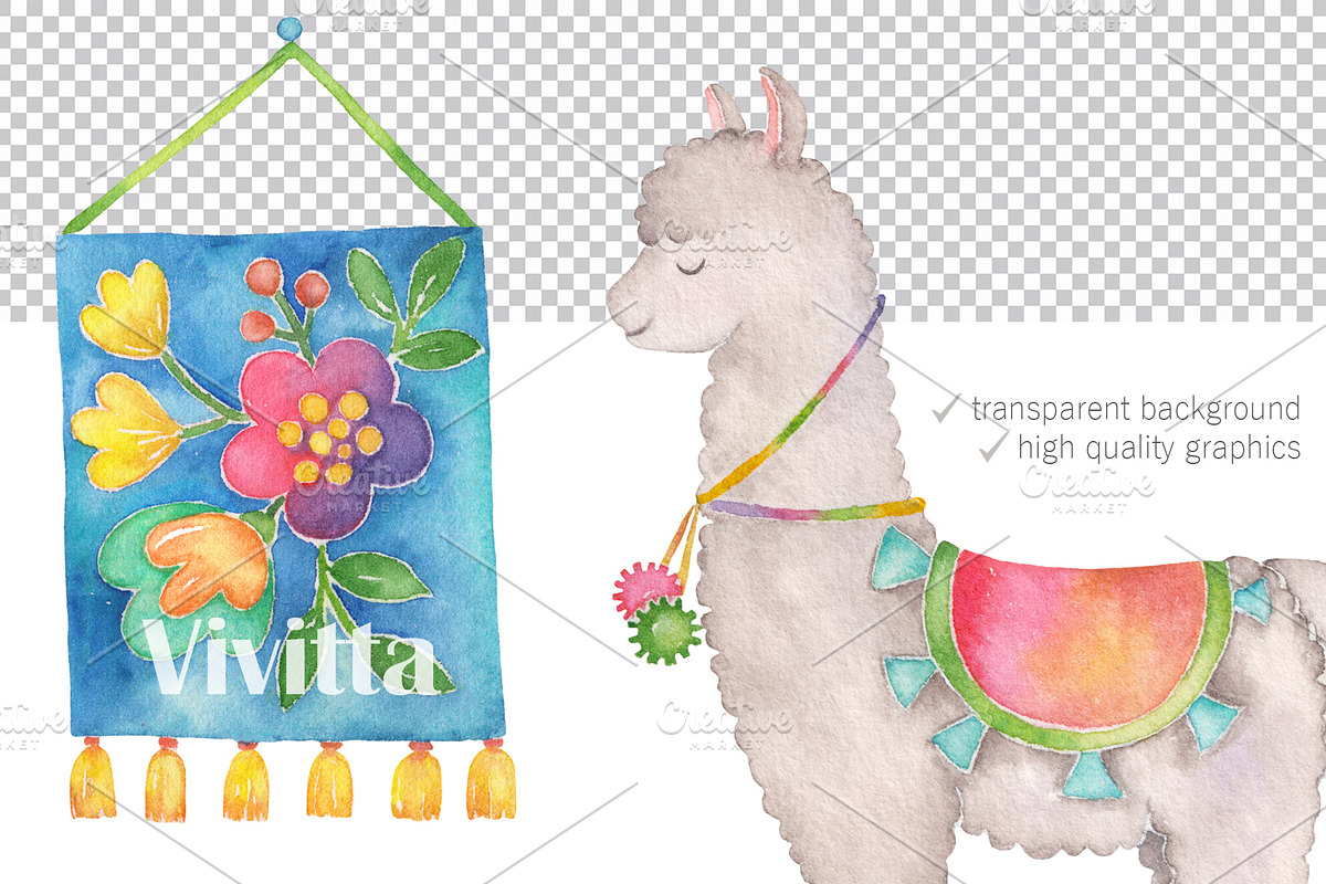 Hello, Llama watercolor clipart set, an Animal Illustration by Vivitta (Photo 2 of 4)