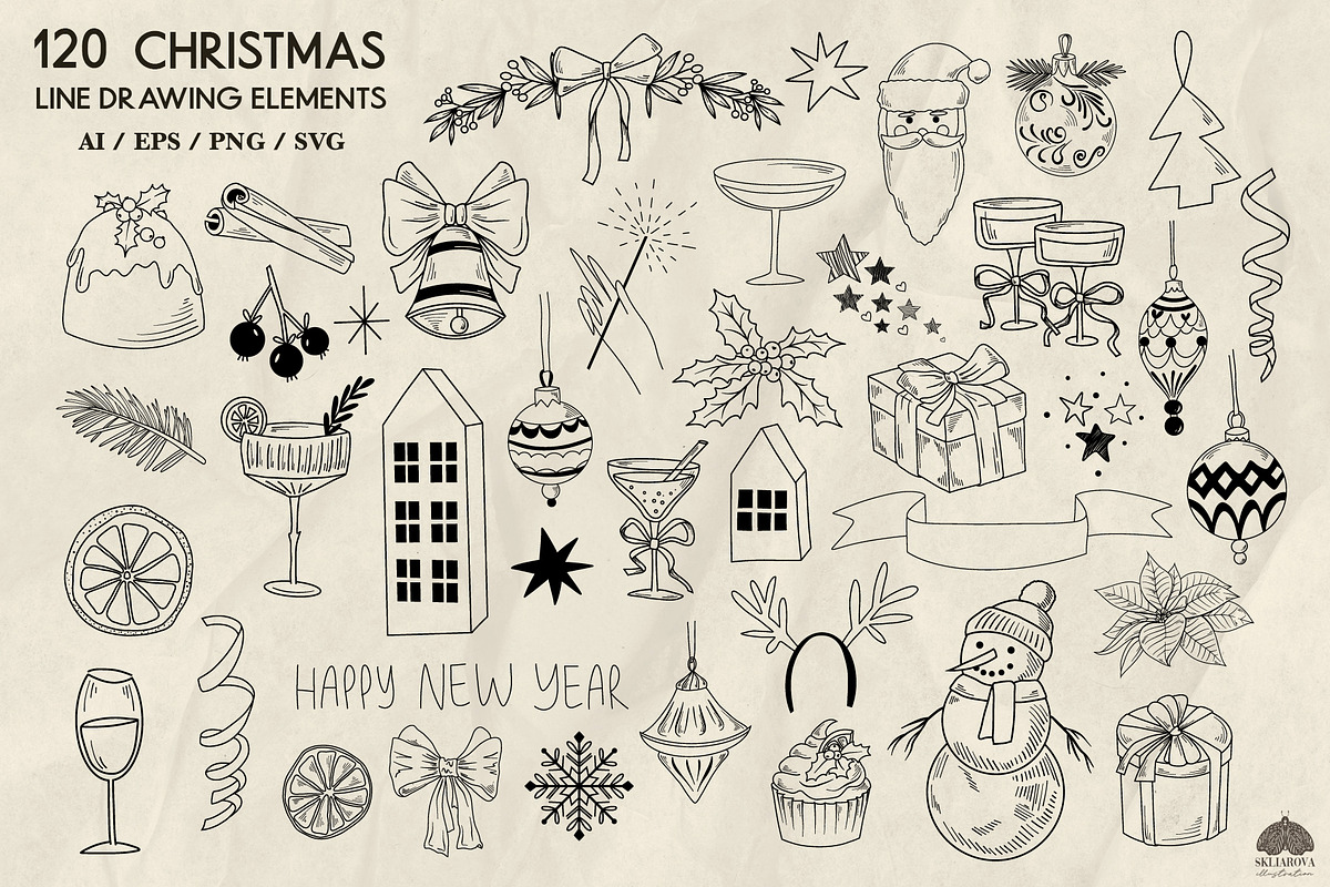Christmas line drawing set + stamps, an Illustration by Skliarova (Photo 6 of 8)