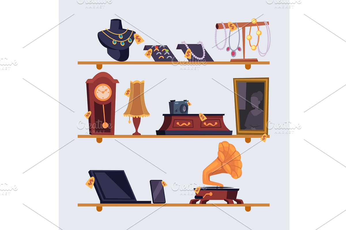 Pawn shop shelves. vintage different, an Object Illustration by Onyx