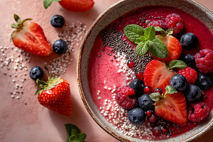Vibrant Berry Smoothie Bowl with Fresh Fruit and Chia Seeds on Pink Background, a Food & Drink Photo by Ocean Digital Art