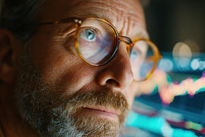 Close-up view of a focused individual analyzing data on a computer screen at a, a Business Photo by AlyaAnd