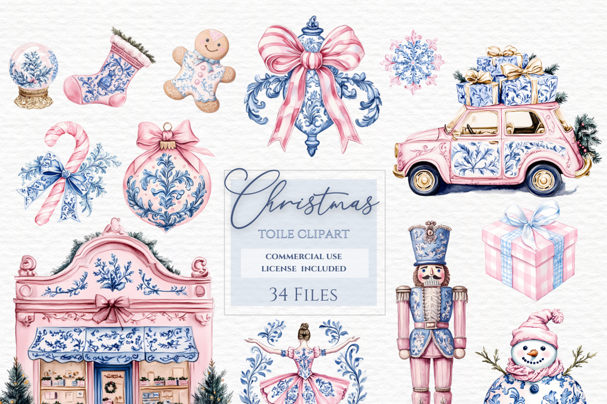 Christmas blue and pink toile, a Seasonal Illustration by Invite to Clipart (Photo 1 of 6)