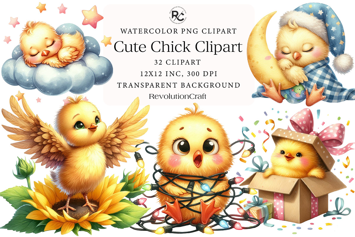 Watercolor Cute Chick Clipart, an Illustration by OK Design (Photo 1 of 5)