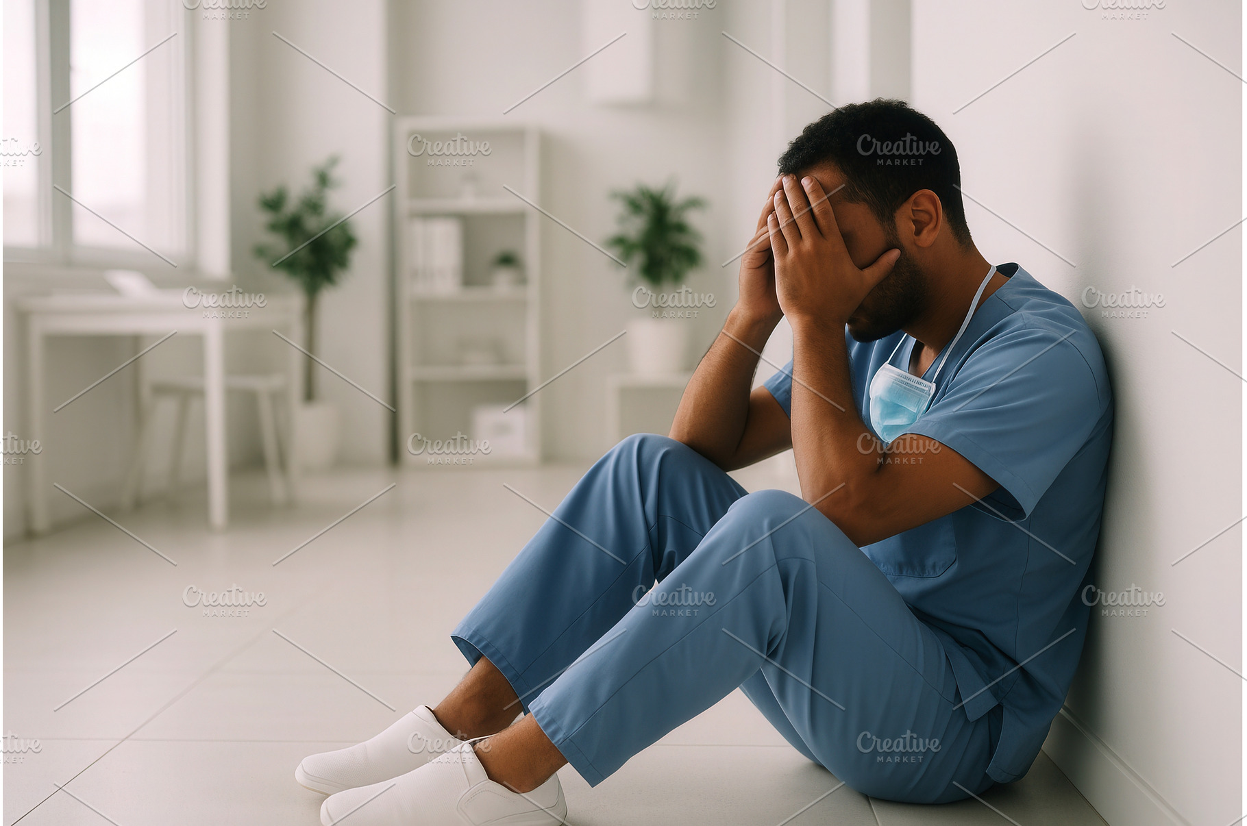 A tired healthcare worker in blue, a Person Photo by Sergey Kotenev