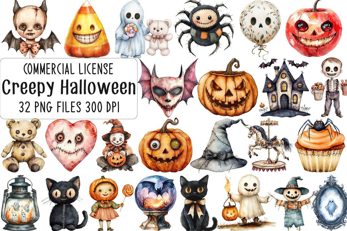 Vintage Creepy Halloween Clipart, an Illustration by CraftArtStudio (Photo 1 of 6)