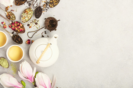 Variety Tea Selection and Magnolia Blossom, a Food & Drink Photo by Natalia Klenova's Shop