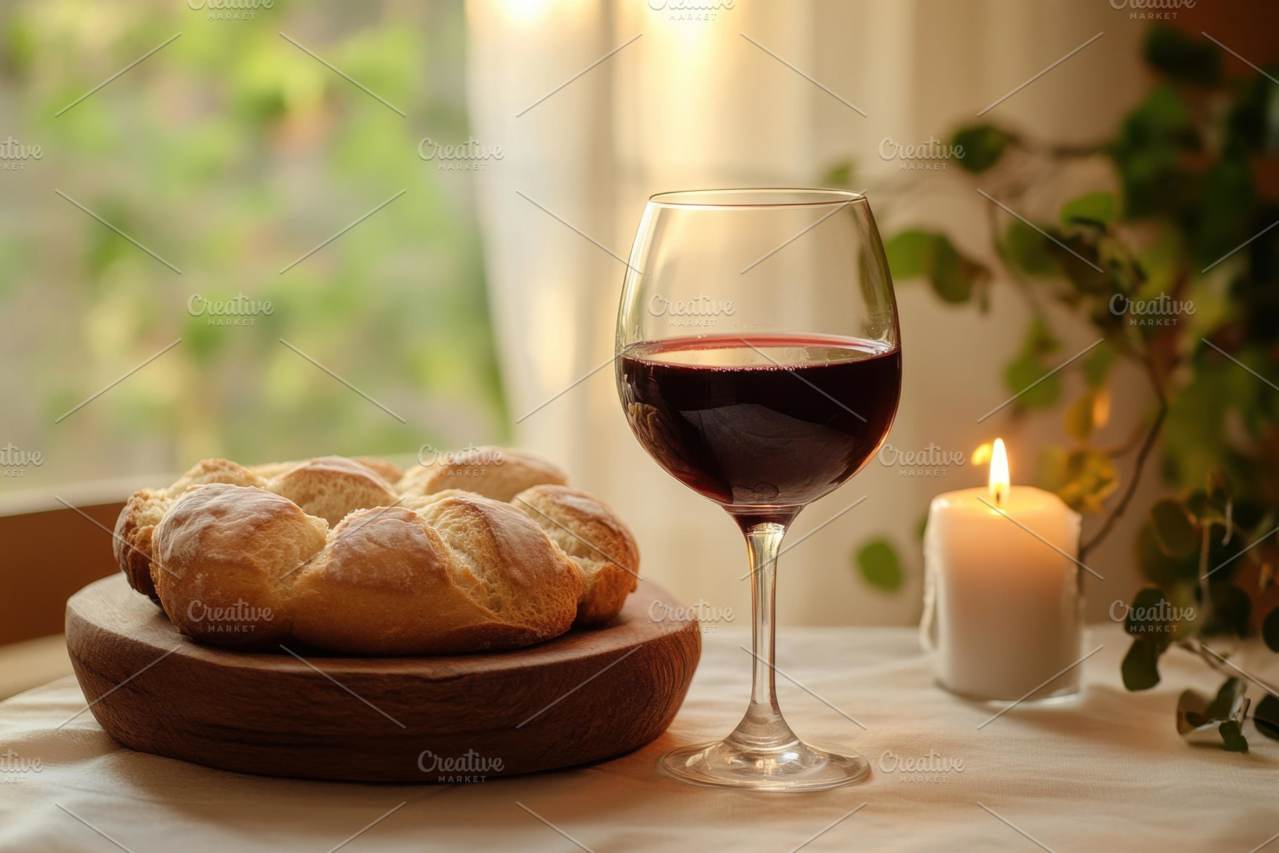 Elegant setting with wine, freshly b, a Photo by Tanuart
