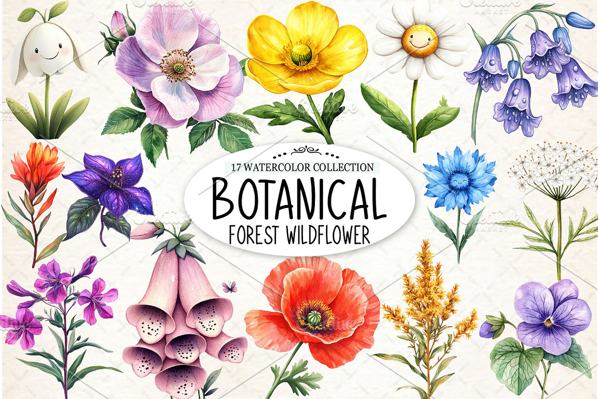 Botanical Forest Wildflower PNG, an Illustration by Watercolor design (Photo 1 of 4)