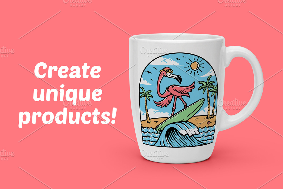 flamingo is surfing while having fun, an Animal Illustration by gunaonedesign (Photo 2 of 4)