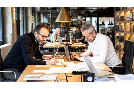 Two men working together at a desk, an Architecture Photo by Sergey Kotenev