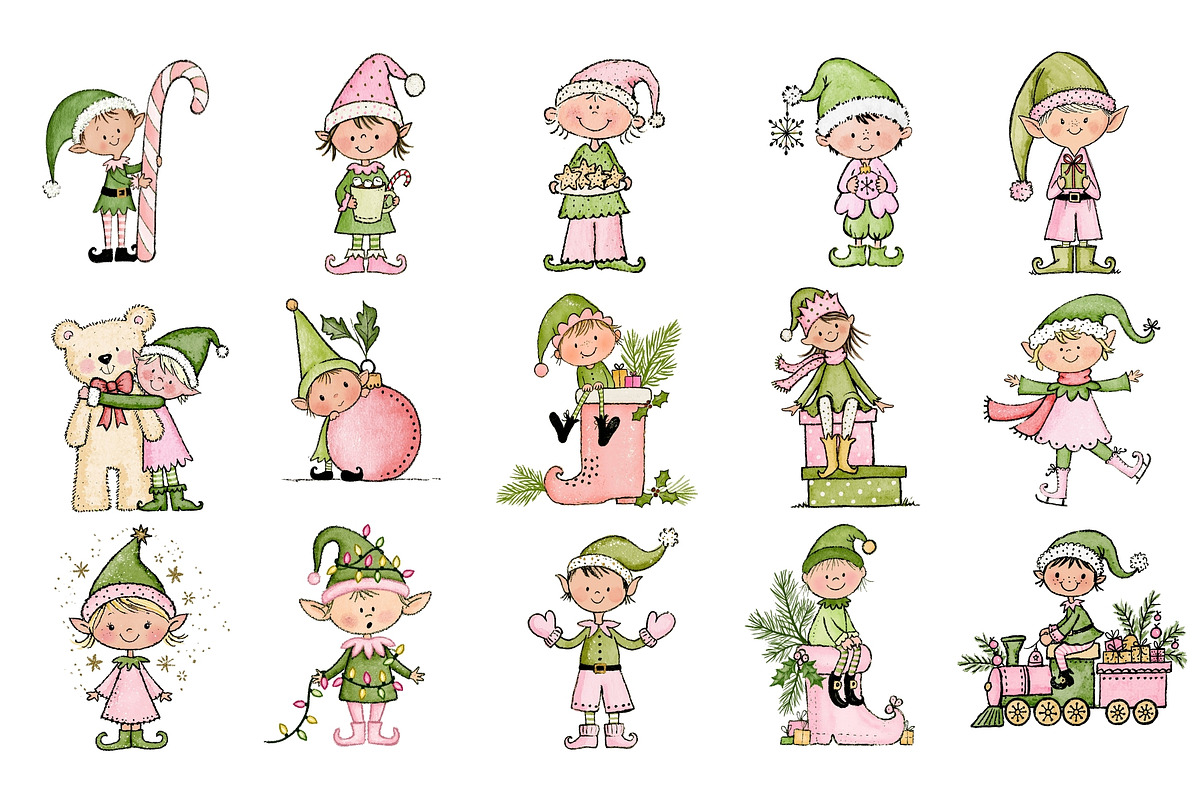 Christmas Elves PNG Clipart Bundle, a Seasonal Illustration by Nicolle's Colorful Art (Photo 4 of 6)