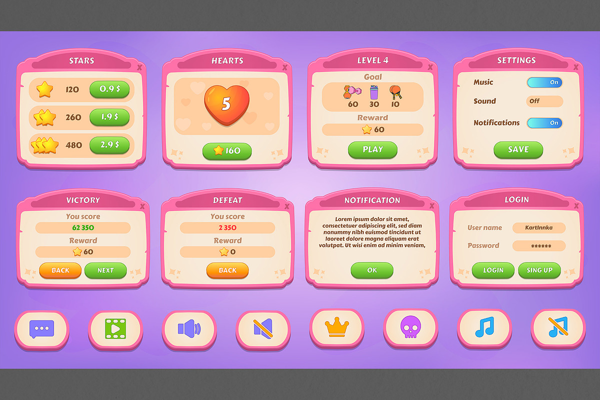 Pink GUI pack, casual, an UI Kit Template by KartInnka (Photo 2 of 15)