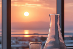 Sunset view reflected in water glass, a Photo by Pixeness Studio