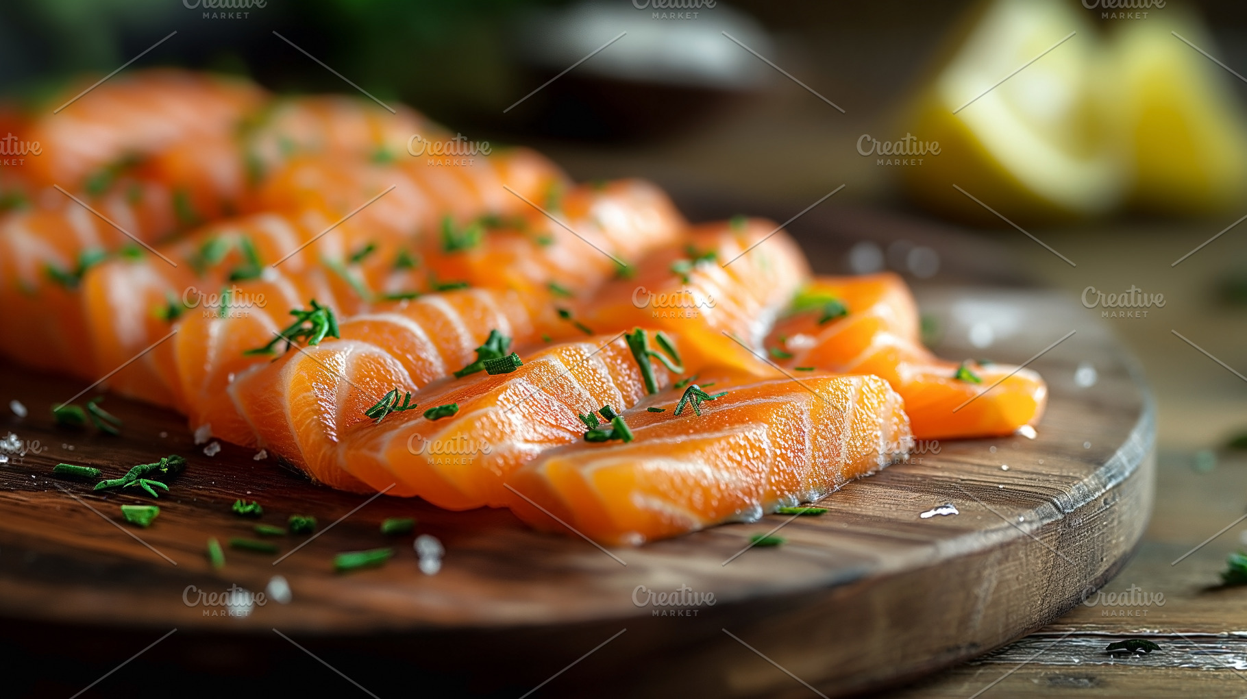Freshly sliced salmon garnished with herbs, served on a rustic w, a Food & Drink Photo by ImageMir