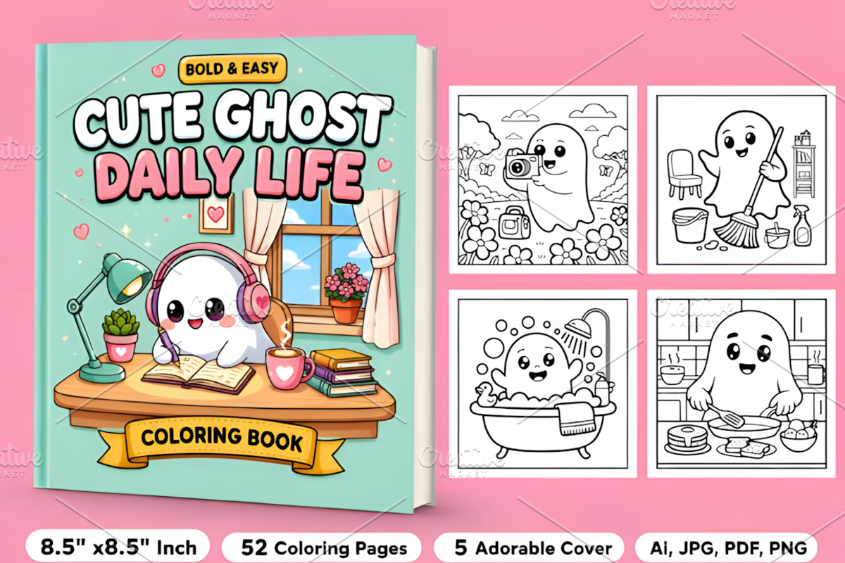 Easy Cute Ghost Daily Life Coloring, a Seasonal Illustration by Coco Bloom (Photo 1 of 4)