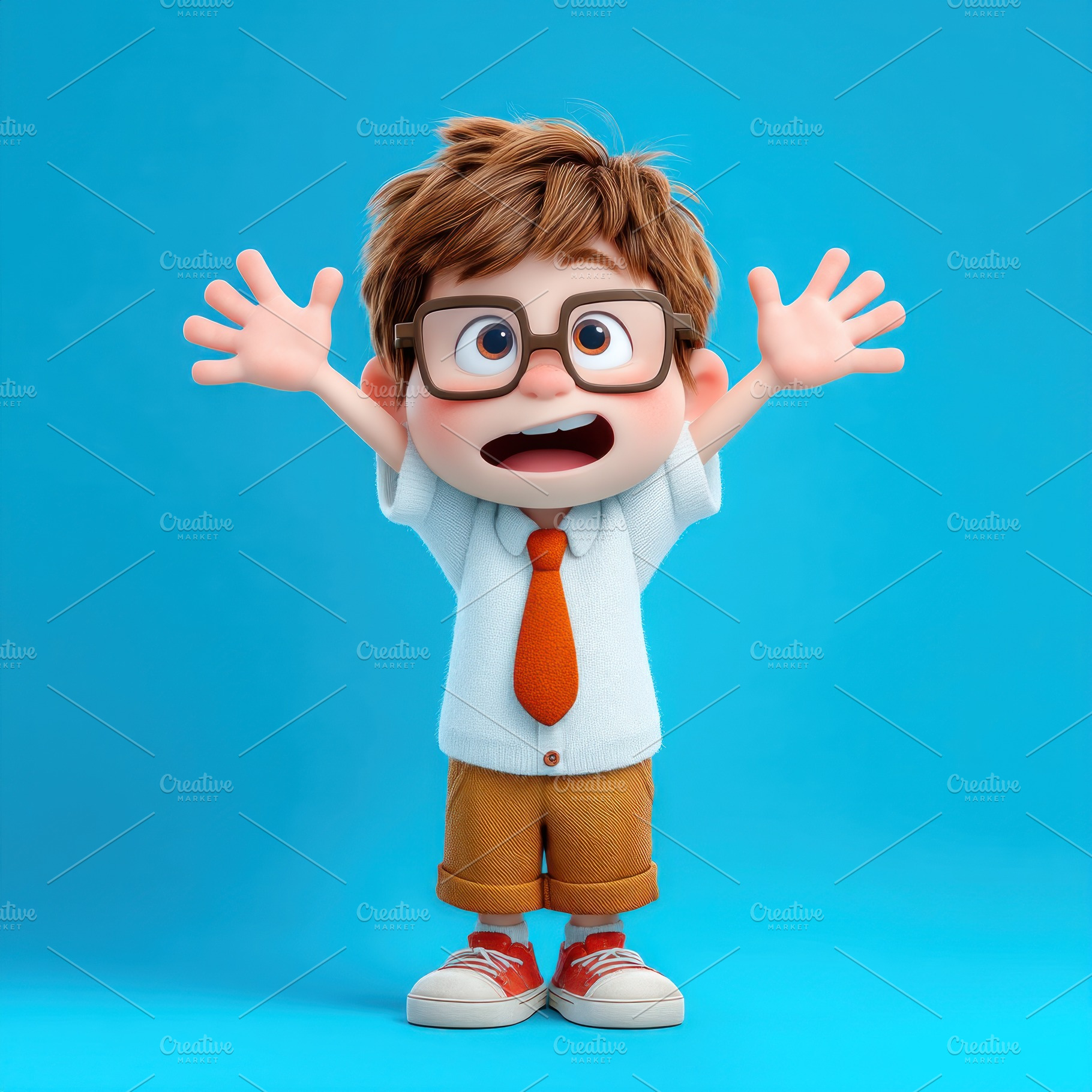 Cute cartoon boy with glasses white shirt orange tie and brown s, a Person Photo by José Manuel Gelpi