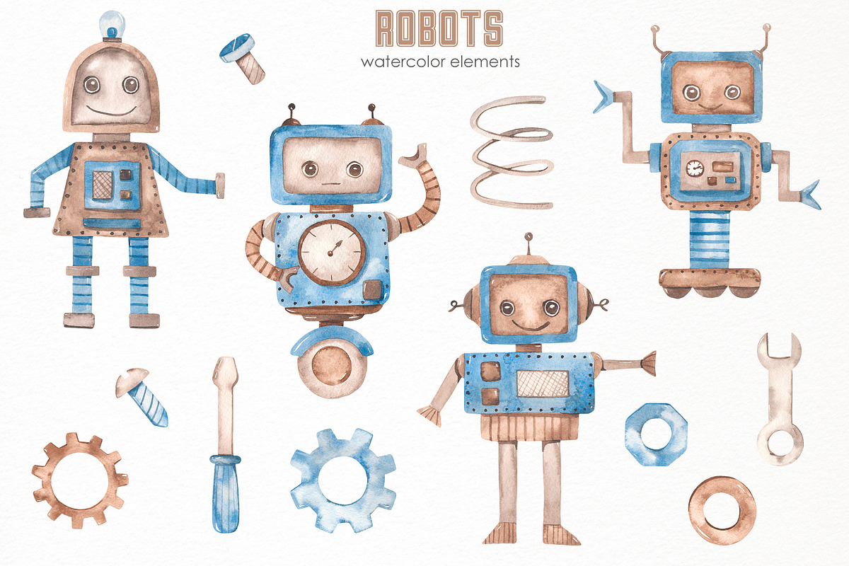 Robots watercolor collection, an Animal Illustration by Marina Ermakova (Photo 2 of 10)
