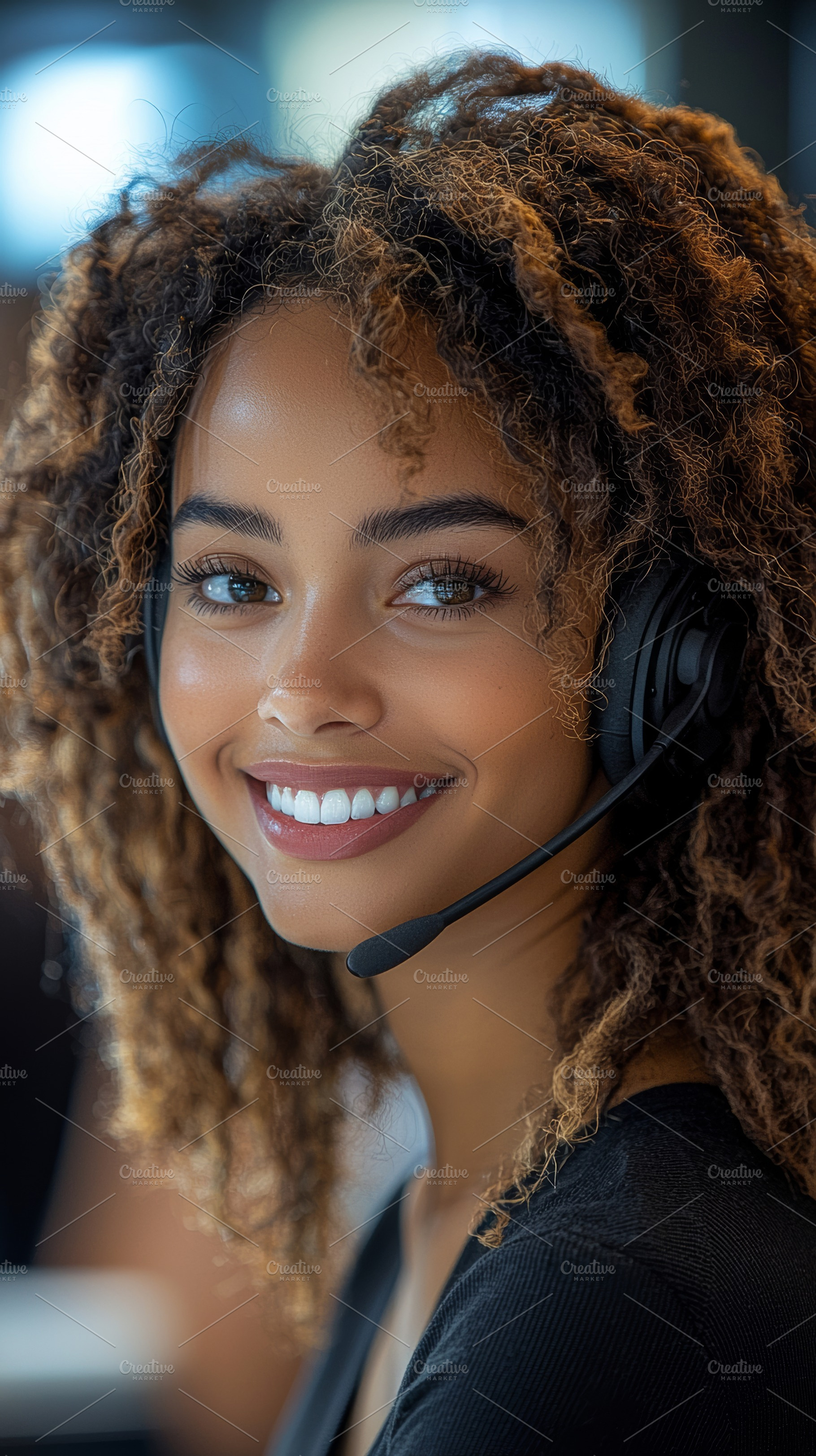Smiling customer service representative wearing a headset in call center, a Photo by AS photostudio