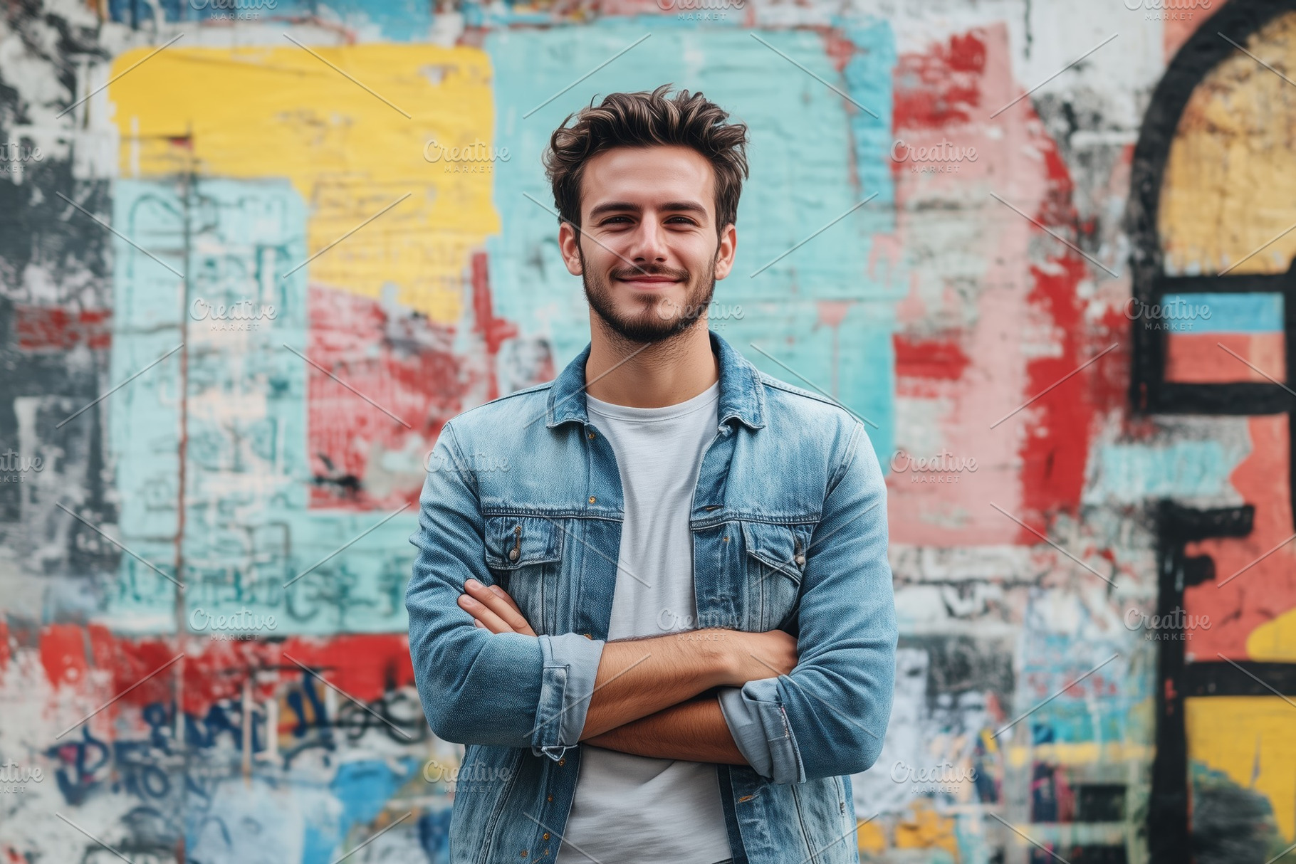 A young man stands confidently with crossed arms in front of a colorful graffit, an Arts & Entertainment Photo by Textures & Backgrounds