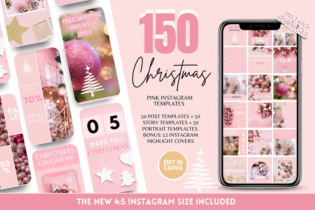 Pink Christmas Instagram Templates, a Social Media Template by SunshineStudioBoutique (Photo 1 of 8)