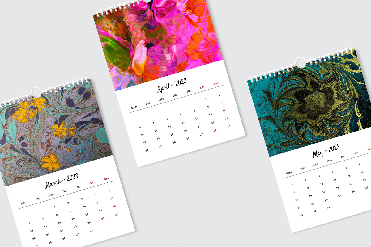 Marbling Art Calendar 2023 InDesign, a Stationery Template by Graphic Fabrica (Photo 4 of 9)