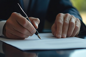 Man businessman signing a document with a pen, a Business Photo by AlyaAnd