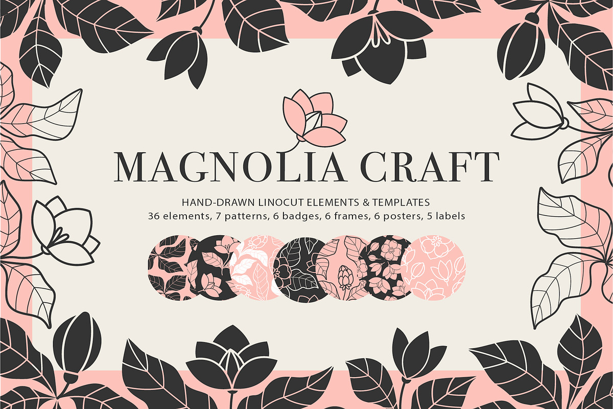 Hand-Drawn Magnolia. Linocut set, a Background Graphic by Lettering_Logo (Photo 1 of 17)