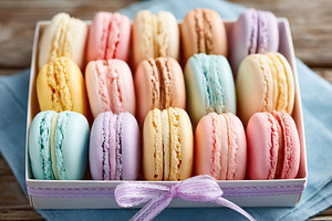 Assorted pastel macarons arranged in a delicate box for a sweet celebration, a Food & Drink Photo by AlyaAnd