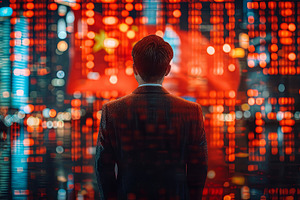 Businessman Contemplating the Vibrant Economy of China Against a Futuristic Cit, a Photo by AS photostudio