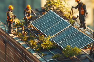 Workers installing solar panels on a rooftop, surrounded by greenery. The scene, a Technology Photo by Textures & Backgrounds