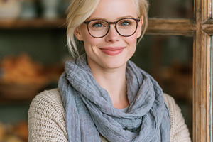 Blonde woman wearing glasses and blue scarf, smiling for portrai, a Person Photo by Studio ANNA