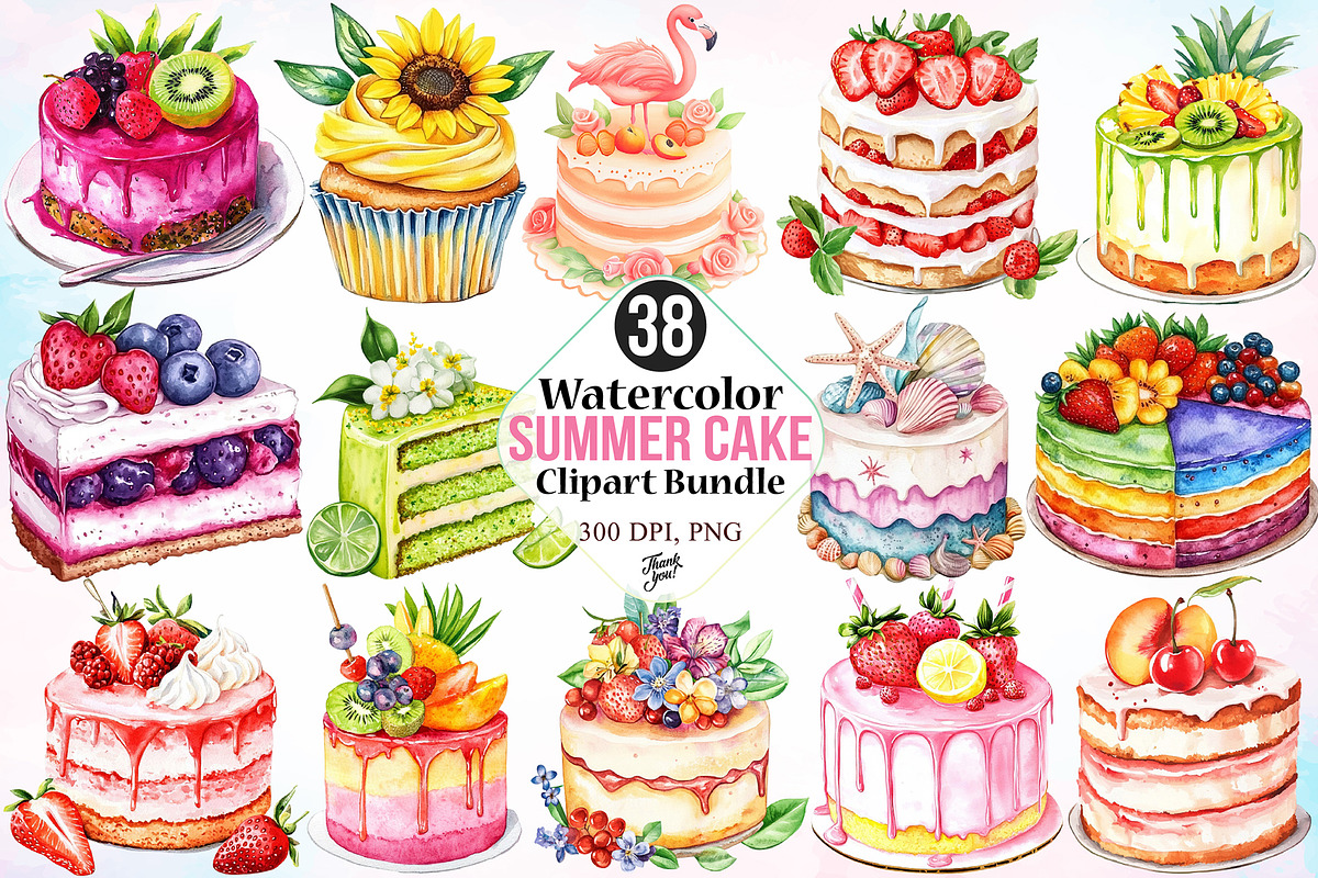 Watercolor Summer Cake Clipart PNG, a Seasonal Illustration by Canvas Craft (Photo 1 of 4)