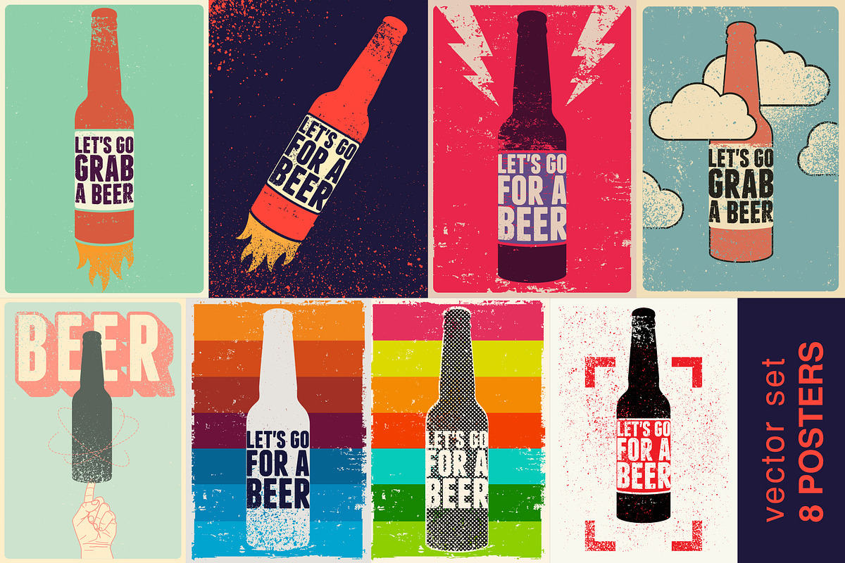 Beer grunge vector poster set., a Food Illustration by PoPaShop (Photo 1 of 9)