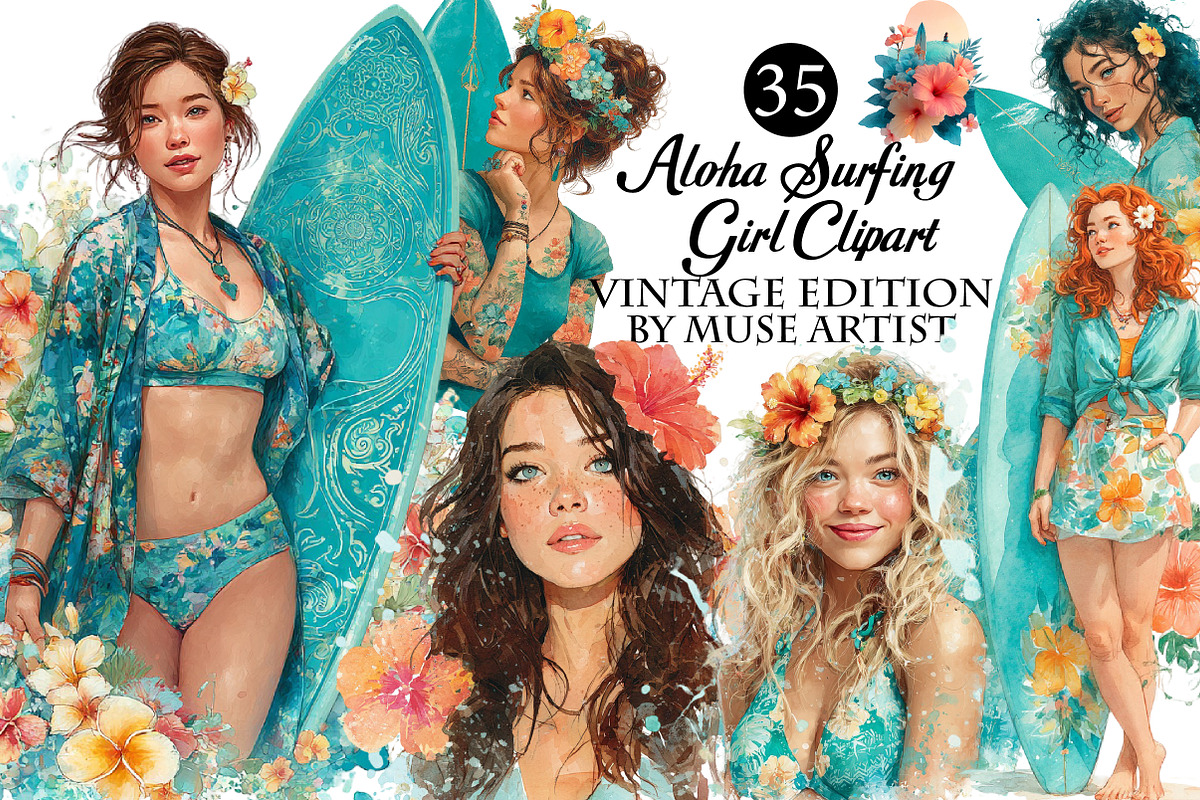 Aloha Surfing Girl Clipart, an Illustration by DreamArtGraphic (Photo 1 of 8)