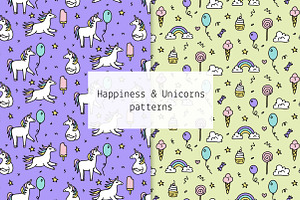 Happiness & Unicorns patterns, a Pattern Graphic by Lyolya Profitrolya