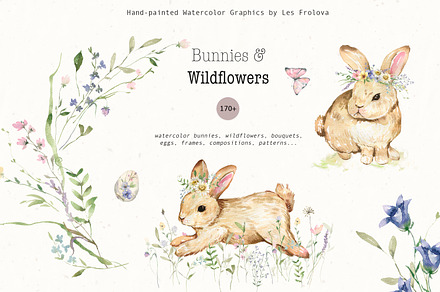 Watercolor Bunnies & Wildflowers