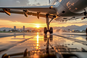 Airplane landing on a wet runway, a Photo by rarrarorro